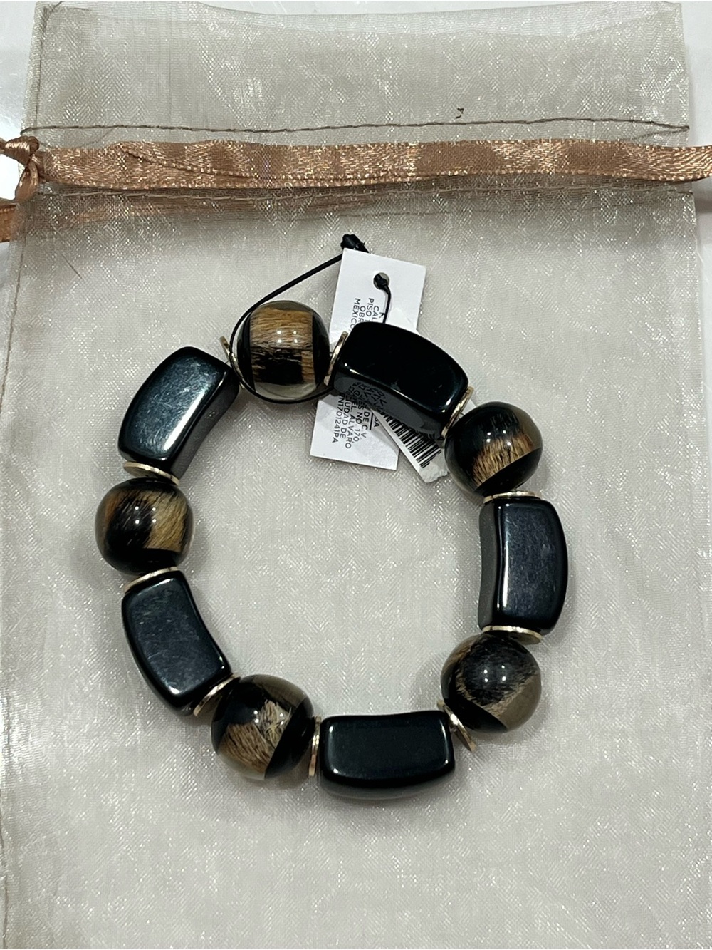Chicos Charcoal Black And Animal Print Beads Bangle Bracelet Stretch NWT